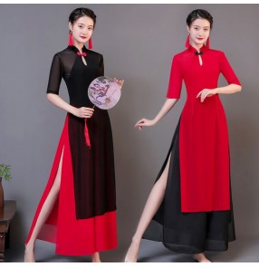 Chinese ancient folk Classical dance costumes retro cheongsam qipao dresses Vietnam Aodai Chinese national dance practice wide legged pants 